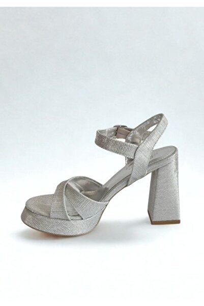 Favi Ayakkabı Silver Glitter Stylish Open Thick Heeled Evening Dress Shoes