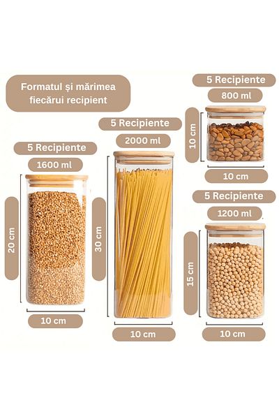 Köken Set de 20 de recipiente pătrate din sticlă borosilicată cu capace etanșe din bambus, Koken, pentru alimente uscate/cereale