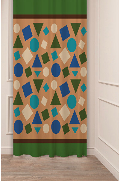 GREENDECOR Geometric Line Simple Soft Square Patterned Special Design Digital Printed (Single Wing) Green Beige Background Curtain