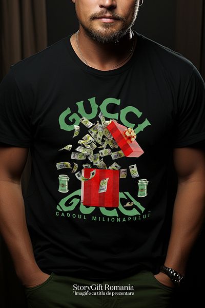 StoryGift Romania Tricou Barbati Gucci - Cadoul Milionarului Cu Imprimeu Pe Fata, 100% Bumbac, Negru, M Stg
