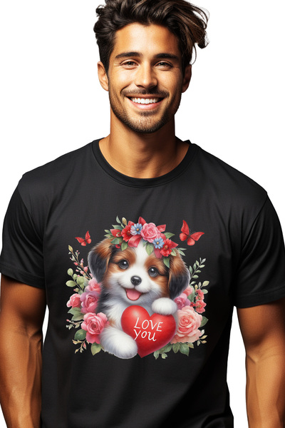StoryGift Romania Tricou Barbati Cu Un Catelus Inconjurat De Flori Cu Mesajul...
