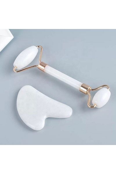 MACVI Set rola jad si piatra Gua Sha Macvi®, masaj facial, corporal,intretine pielea, drenaj limfatic, Alb