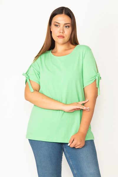 Şans Women's Large Size Green Crew Neck Sleeve Slit Lace Up Viscose Blouse 65n27514