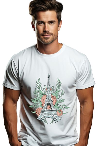 StoryGift Romania Tricou Barbati Cu Turnul Eiffel, Trandafiri Rosii In Spate, Paris, Cadou Pentru Iubitorii Stg