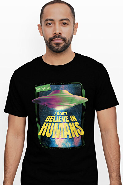 StoryGift Romania Tricou Barbati Cu Nava Spatiala, Text I Don't Belive In Hum...