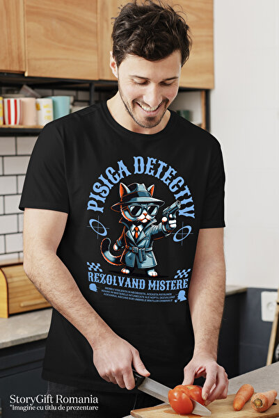 StoryGift Romania Tricou Barbati Pisica Detectiv Rezolvand Mistere - Sherlock Cat Cu Imprimeu Pe Fata, 100% Stg