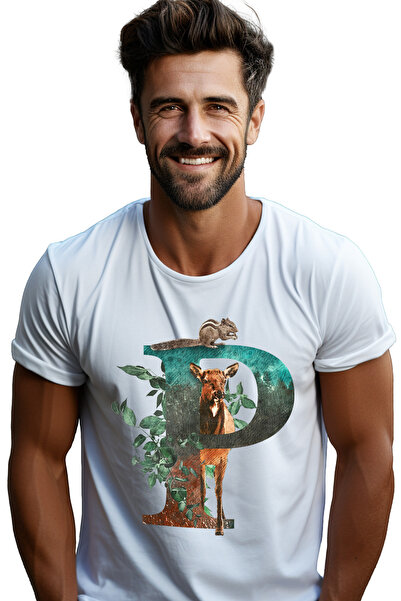 StoryGift Romania Tricou Barbati Cu Litera, P, Veverita, Caprioara, Frunze, C...