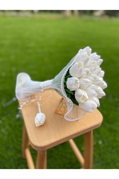 GÜRLEK TEKSTİL Islak Lale Gelin Buketi Gelin Çiçeği Lale Buketi Damat yaka Çi...