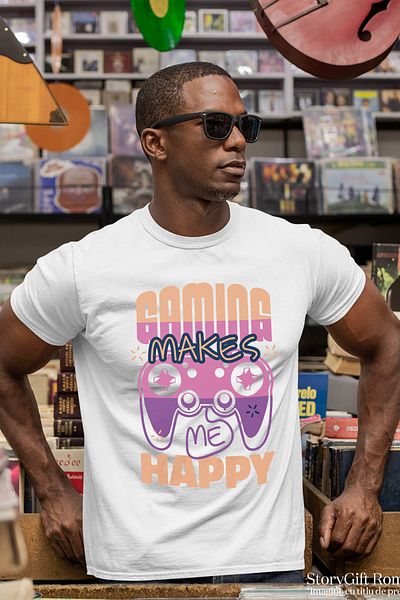 StoryGift Romania Men's T-Shirt With The Message Gaming Makes Me Happy, Text In English, Play Station Controller, I Love STG