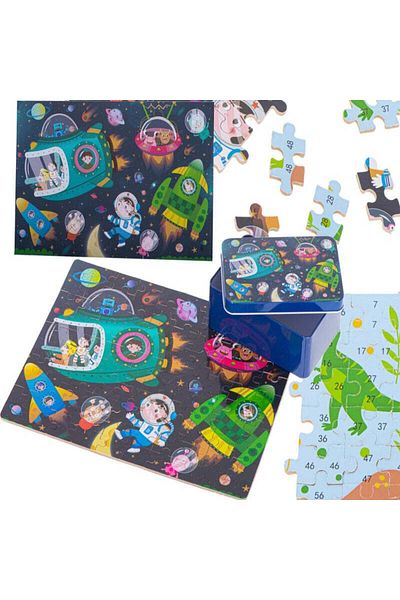 Velixo Wooden Puzzle 100 Pieces 2 in 1, Dinosaurs with Numbers and Cosmos, Metal Storage Box Included