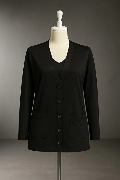 FATELLA Mother's Comfortable Fit Black Pocket Buttoned Long Sleeve Combed Car...