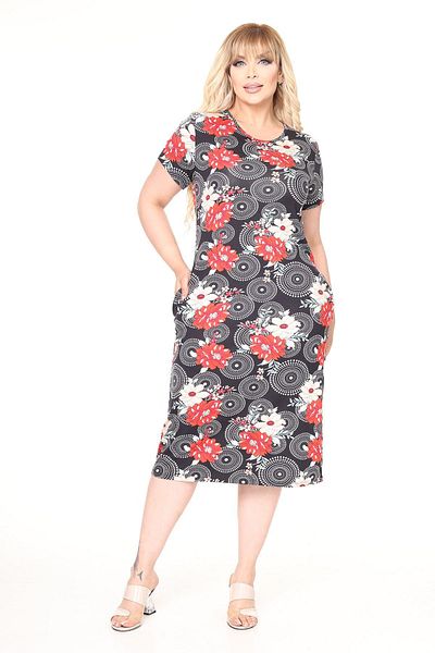 modayız Summer Double Pocket Short Sleeve Stretchy Plus Size Dress 9F-2678