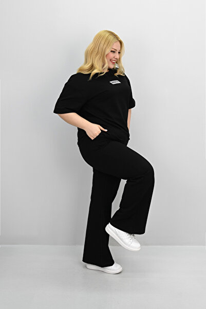 Koza Butik Γυναικείο σετ φόρμας μεγάλου μεγέθους με κοντό μανίκι με λεπτομέρεια φαρδιά πόδια 8196-25