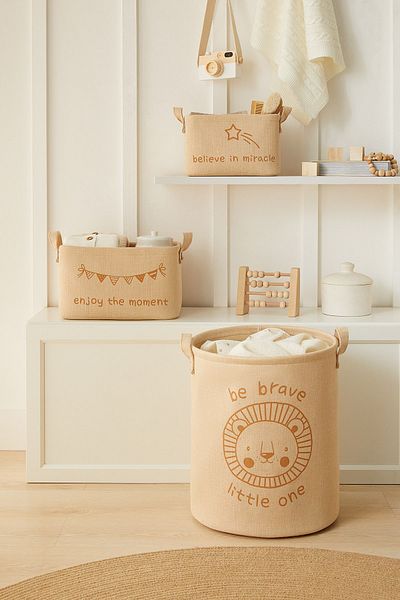 Ocean Home Textile Pachet de 3 pentru camera copiilor Cute Lion Jute Linen Jucării Organizator Coș multifuncțional, Coș de depozitare