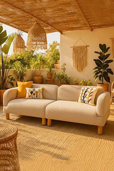 Zem Leones Bohem Ahşap Ayaklı Kanepe, Sütlü Kahve