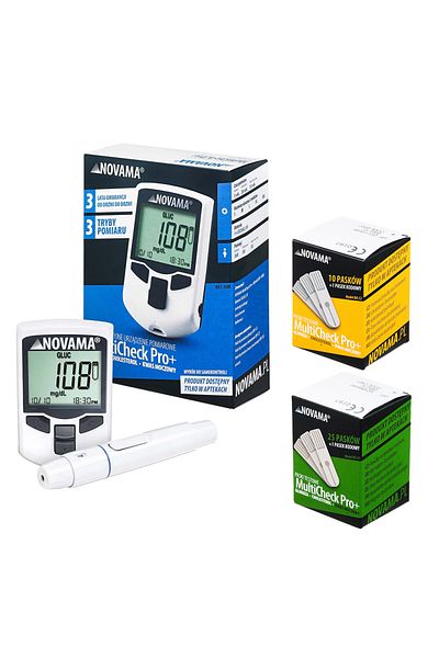Novama 3-in-1 device packageNovama MultiCheck Pro +, cholesterol and uric acid tests