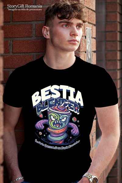 StoryGift Romania Tricou Barbati Bestia Blender Invarte Dusmanii Cu Imprimeu Pe Fata, 100% Bumbac, Negru, S Stg