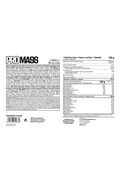 Pro Nutrition Gainer Pentru Creștere În Greutate Și Masă Musculară, Pro Mass, Căpșuni, 6000g