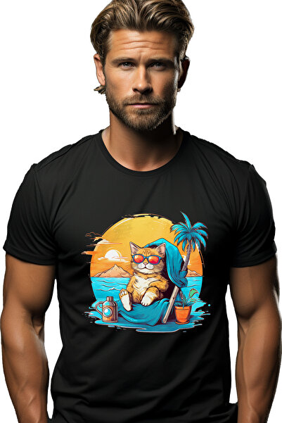 StoryGift Romania Tricou Barbati Cu O Pisica Pe Plaja, Ilustratie, Relaxare, ...