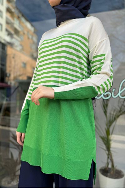 Tığ Triko Women's Striped Rayon Tunic - Benetton Green