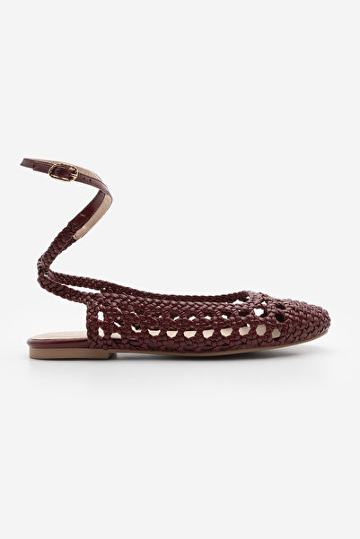 Marjin Women's Ankle Strap Open Back Hand Braided Ballerina Ballerina Bedar Claret Red