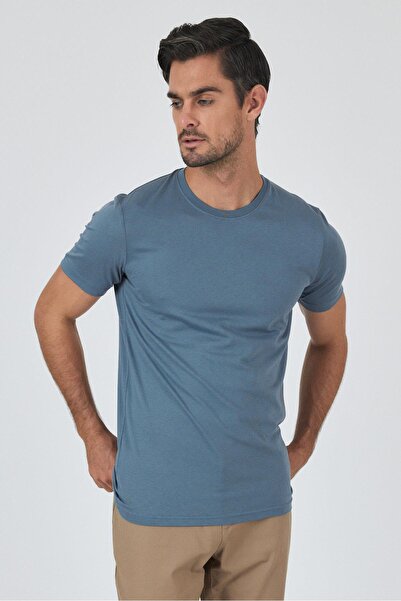 İmza Μπλε κοντομάνικο μπλουζάκι με λαιμόκοψη χωρίς τσέπη βαμβακερό casual slim fit μπλουζάκι 1011250158