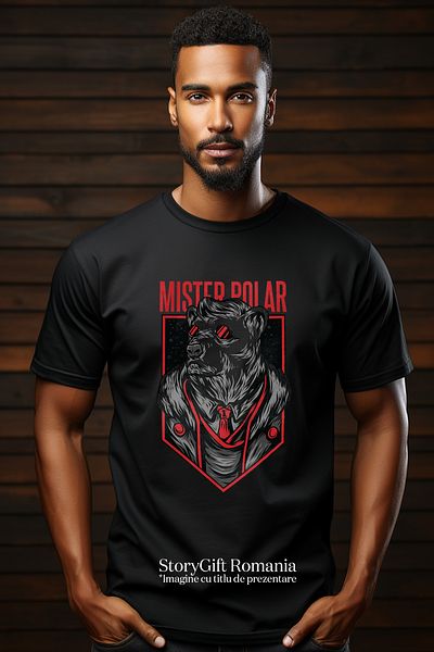 StoryGift Romania Tricou Barbati Cu Urs Polar Cu Ochelarii De Soare In Costum Cu Cravata, Text In Engleza Mrstg