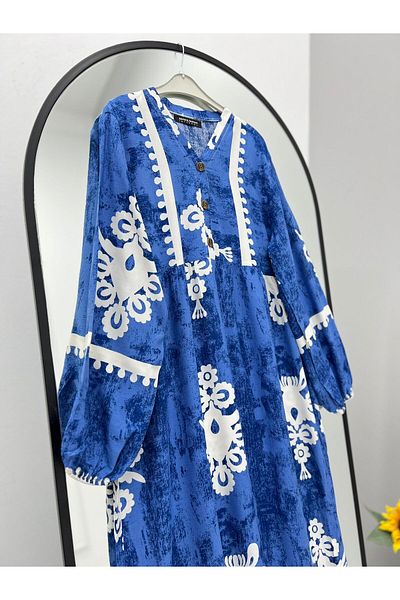 ALLMİRA FASHION Summer Viscose Long Dress Blue White Patterned