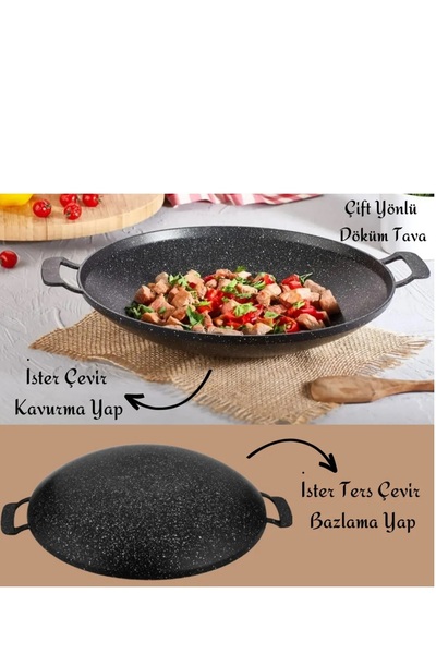 WOWO Çok Amaçlı Granit Pişirme Tavası - Çift Yönlü Döküm Sac Kavurma Gözleme ...