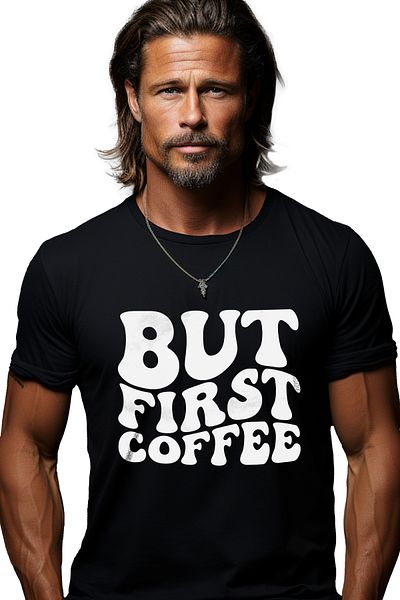 StoryGift Romania Tricou bărbătesc cu textul în engleză „but First Coffee” - But First Coffee cu imprimeu P Stg