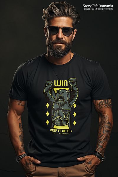 StoryGift Romania Tricou bărbătesc cu animal câștigător cu brațele sus, mănuși de box, text galben Wio, Love Stg