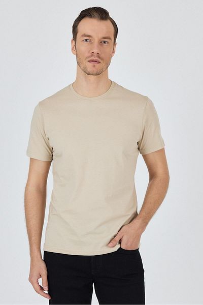 İmza Tricou bej cu mânecă scurtă, cu decolteu, fără buzunar, din bumbac, ocazional, slim fit 1011250158