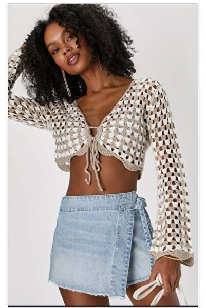 MARE BUTİK Wrap Detaylı Açık Mavi Denim Şort Etek (DAR KALIP)