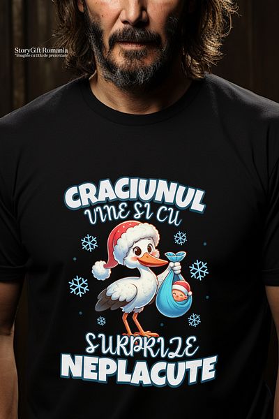 StoryGift Romania Men's T-Shirt Christmas Comes With Unpleasant Surprises Stork With Baby With Print On Left Side