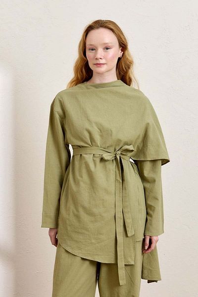 Ceylan Otantik Khaki Organic Linen Shawl Detail Tunic