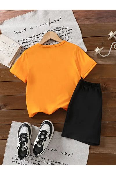 LOUİSA Girl-Boy Glasses Capy Bara Printed Orange-Black Shorts T-Shirt Set