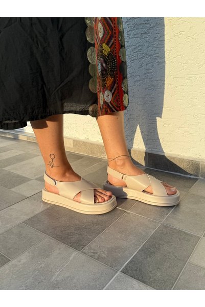 BURCU COLLECTİON Elina Velcro Detailed Beige Cross Women's Sandals