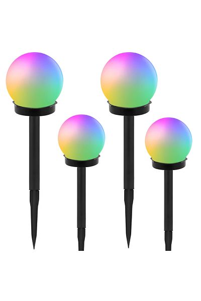 Velixo 4 lumini solare de grădină cu LED RGB, glob mat, cu țăruș, senzori de mișcare și lumină, impermeabile IP65