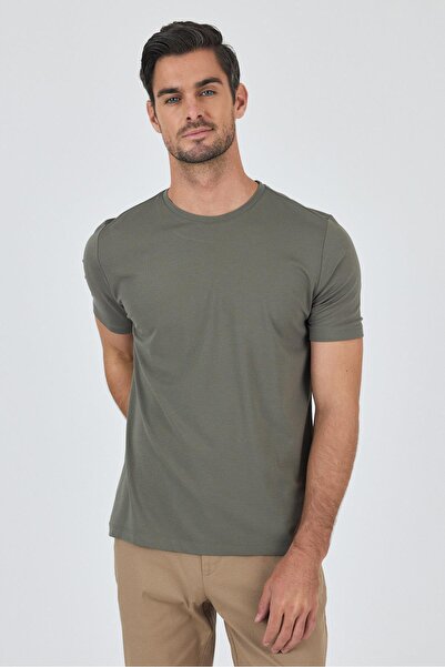 İmza Σκούρο χακί κοντομάνικο μπλουζάκι με λαιμόκοψη χωρίς τσέπη βαμβακερό casual slim fit μπλουζάκι 1011250165