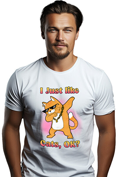 StoryGift Romania Men's T-shirt with cat with gold chain around the neck with the message "I just like Cats, OK?", STG glasses
