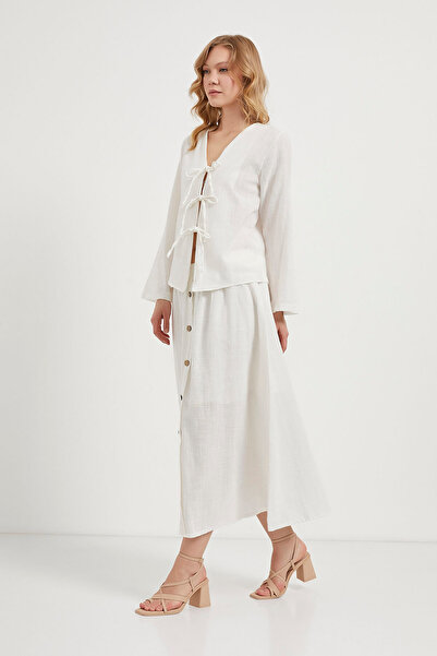 Arma Life Women's Buttoned Summer White Long Skirt with Elastic Waist