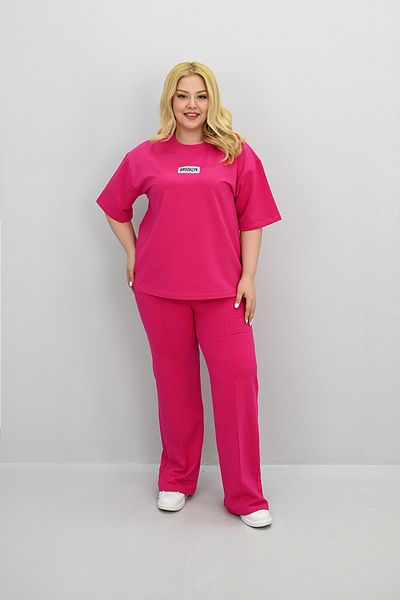 Koza Butik Women's Large Size Short Sleeve Label Detailed Loose Wide Leg Tracksuit Set 8196-25