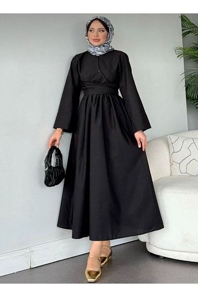 Bahar Altundemir Women's Shirt Collar Tie-Up Poplin Fabric Hijab Dress Long Shirt Dress