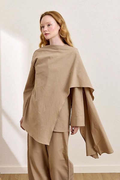 Ceylan Otantik Caramel Organic Linen Shawl Detail Tunic