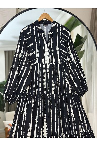 PİNK FLY Women's Pattered Loose Model Button Detail Dress