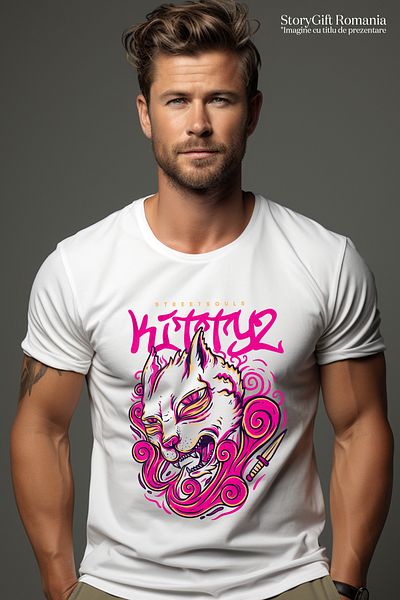 StoryGift Romania Tricou Barbati Cu Pisica Suparata Roz, Text In Engleza Kittyz, Cutit Ascutit, Pisici Si Mo Stg