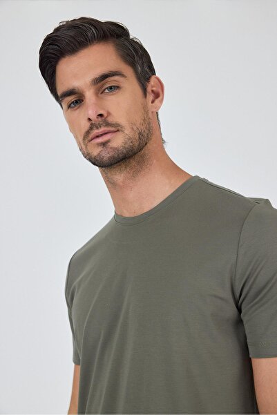İmza Σκούρο χακί κοντομάνικο μπλουζάκι με λαιμόκοψη χωρίς τσέπη βαμβακερό casual slim fit μπλουζάκι 1011250165
