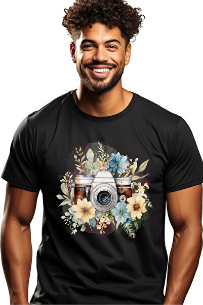 StoryGift Romania Tricou bărbătesc cu cameră foto, flori, ilustrație, activit...