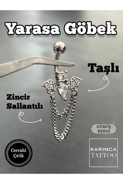 Karınca Piercing Yarasa Zincir Sallantılı Taşlı Göbek Piercing Cerrahi Çelik