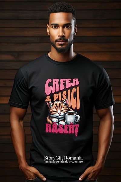 StoryGift Romania Men's T-Shirt Cat Next to Coffee Mug Pampering Animal Lover With Front Print, 1 Stg